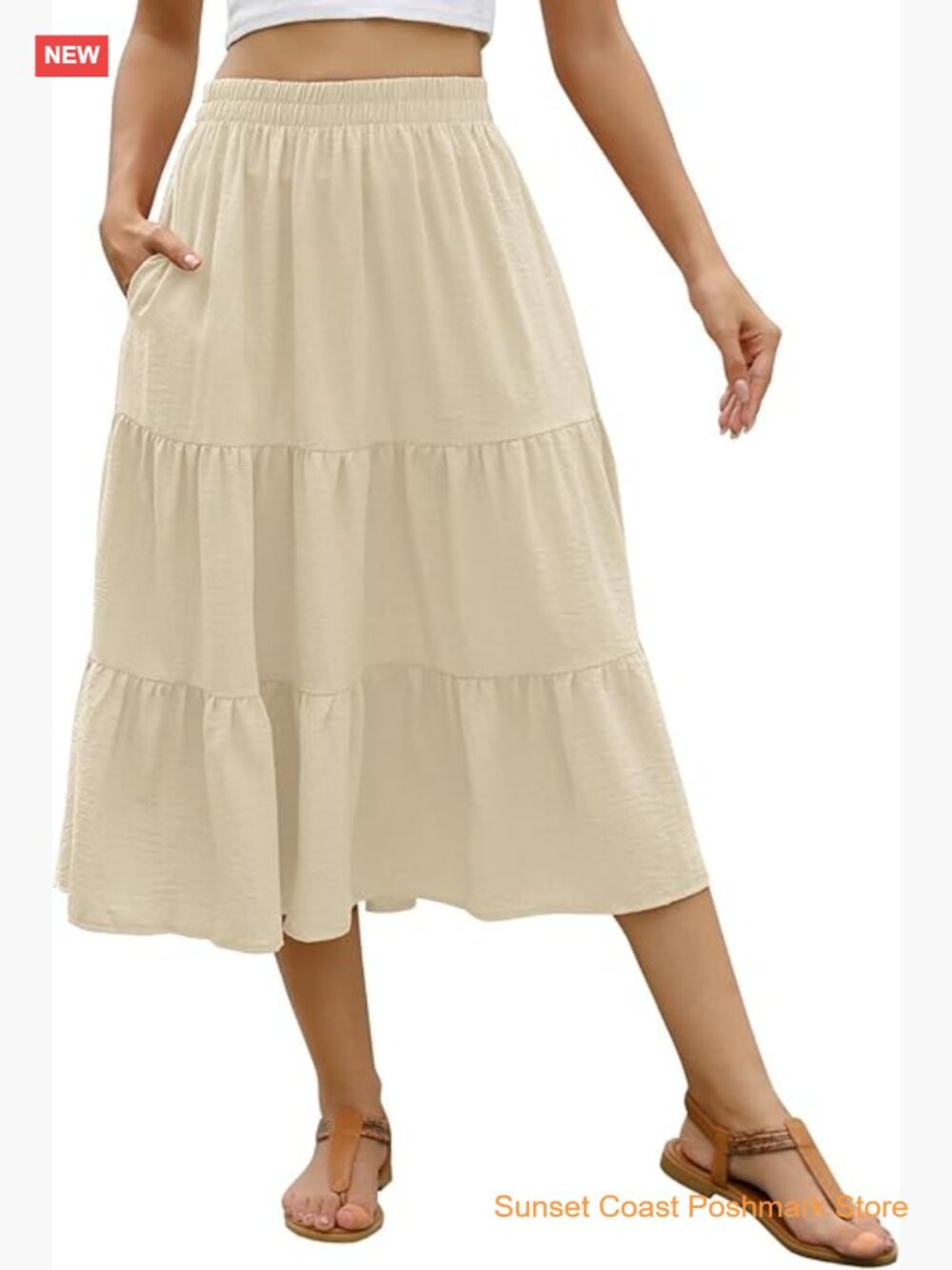 Flowy Midi Tiered Skirt with Pockets High Elastic Waist Ruffle Boho